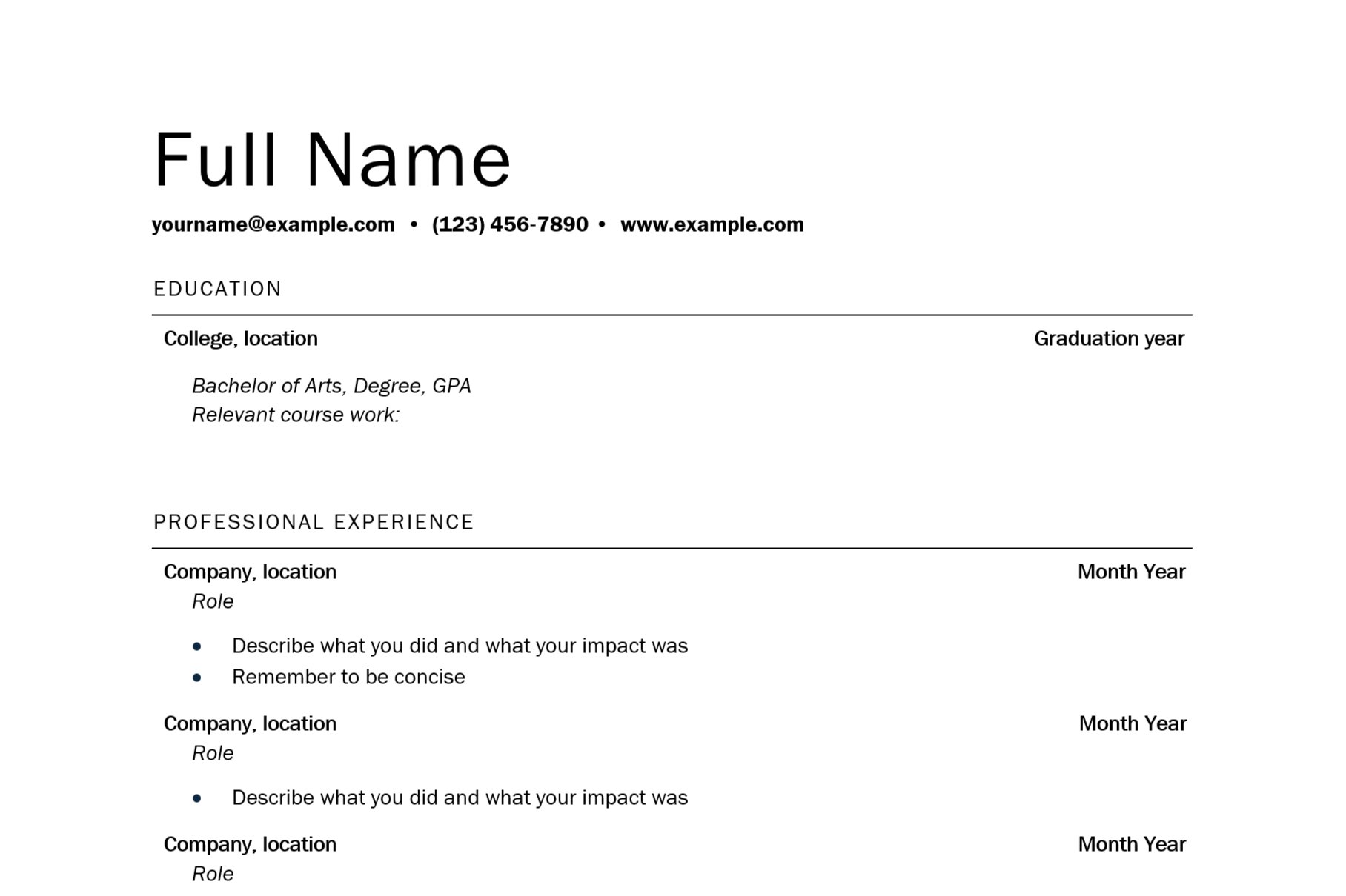 Basic professional resume format