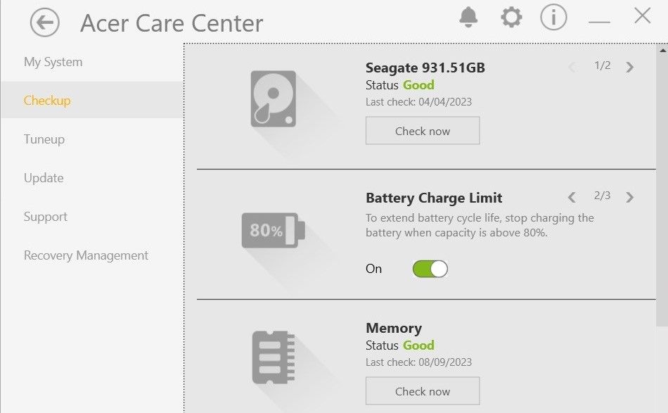 Battery Charge Limit option in Acer Care Center app