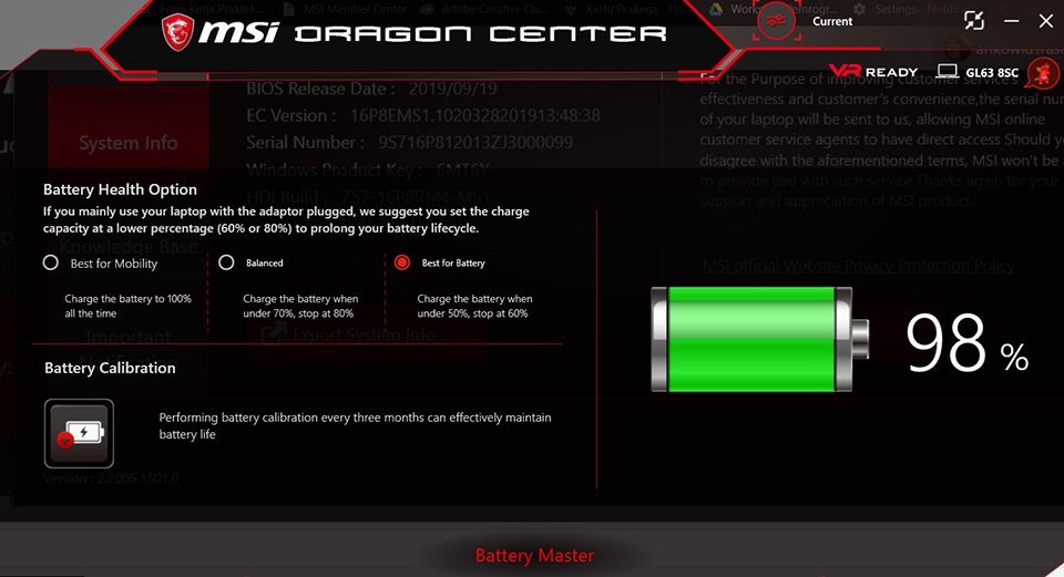 Battery Health Option in MSI Dragon Center App