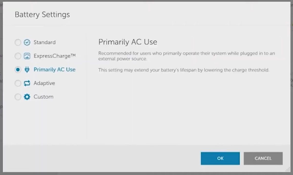 Battery settings menu in Dell Power Manager