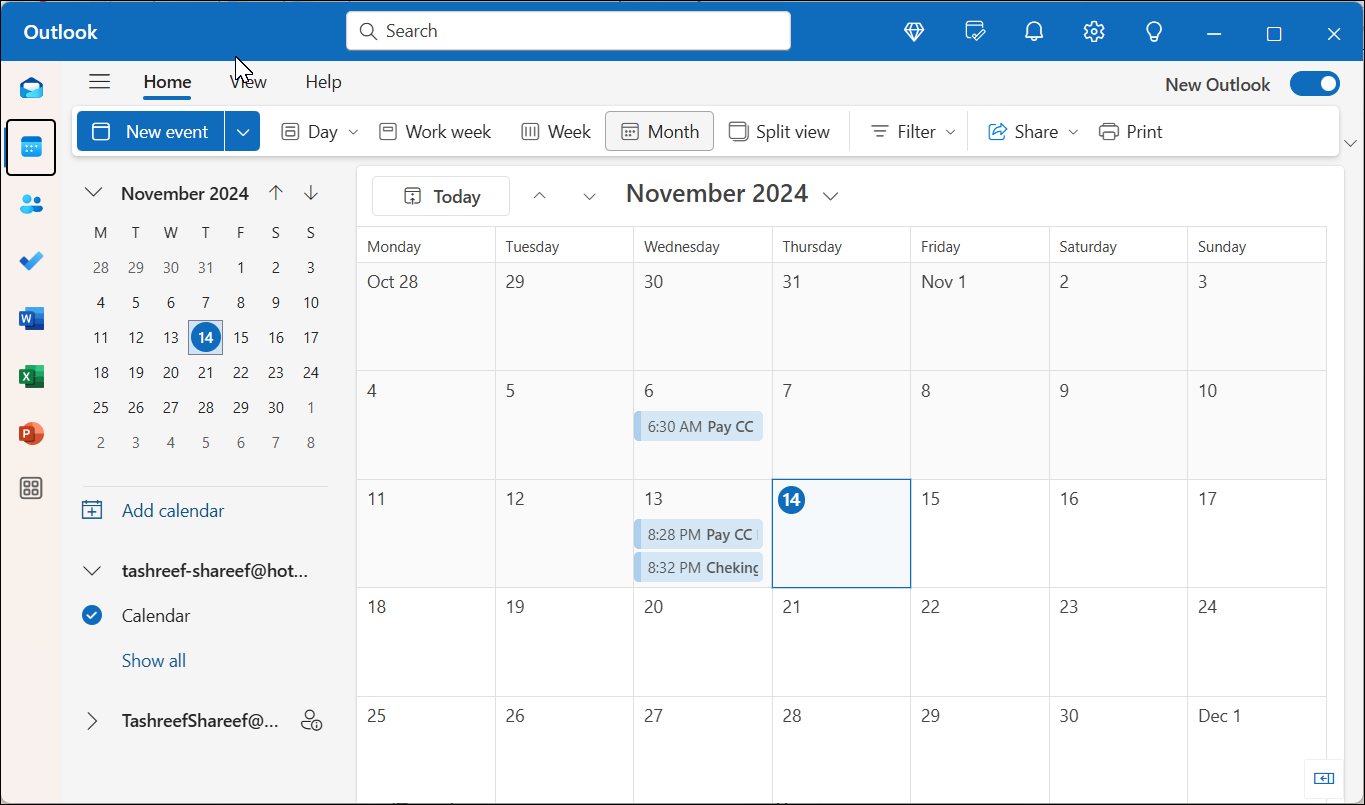 Calendar app open in the Outlook client for Windows 11