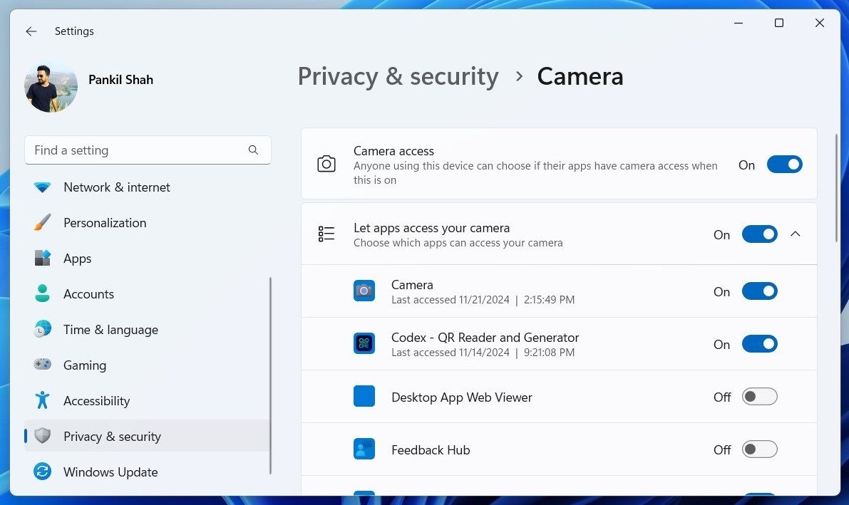 Quyền sử dụng camera cho các ứng dụng trong menu Cài đặt Windows 11