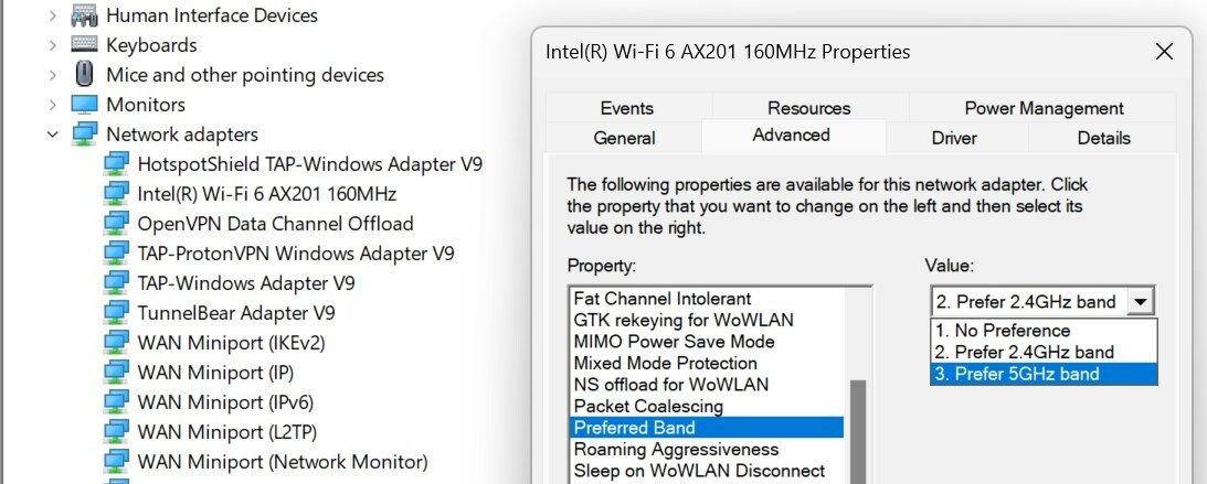 Changing the frequency brand in the network adapter properties settings on Windows.