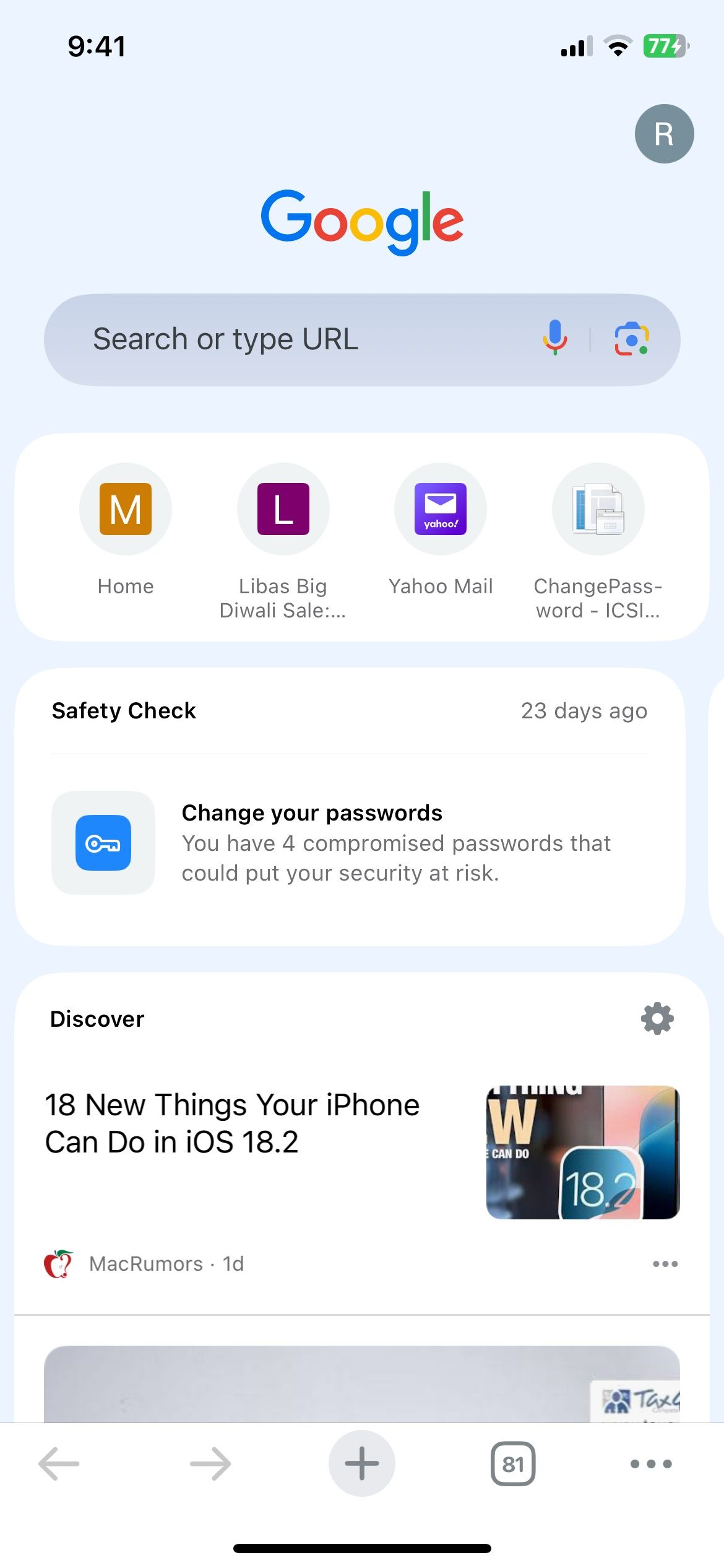 Chrome New Tab on iPhone