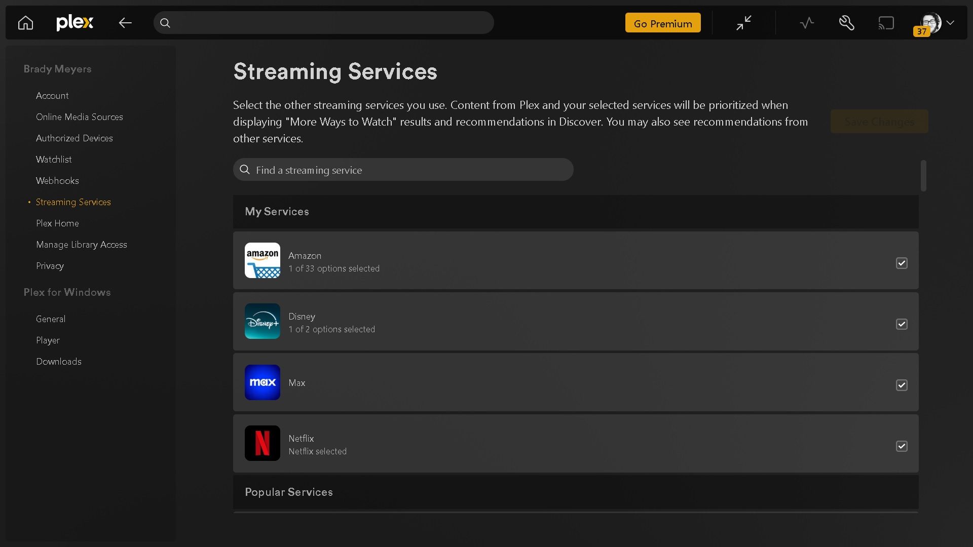 اتصال سرویس‌های استریم به plex در تنظیمات