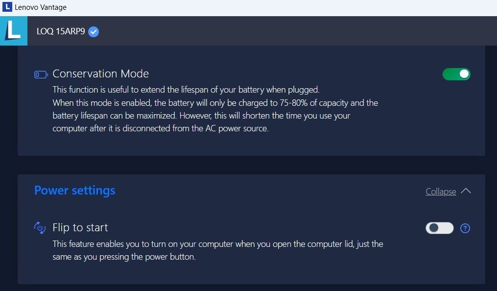 Conservation Mode option in Lenovo Vantage