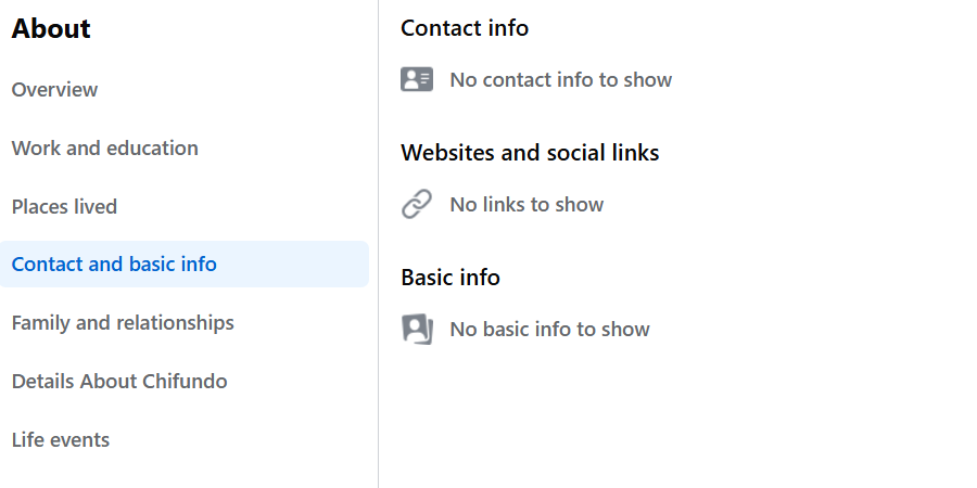 The Contact and basic info page on Facebook.