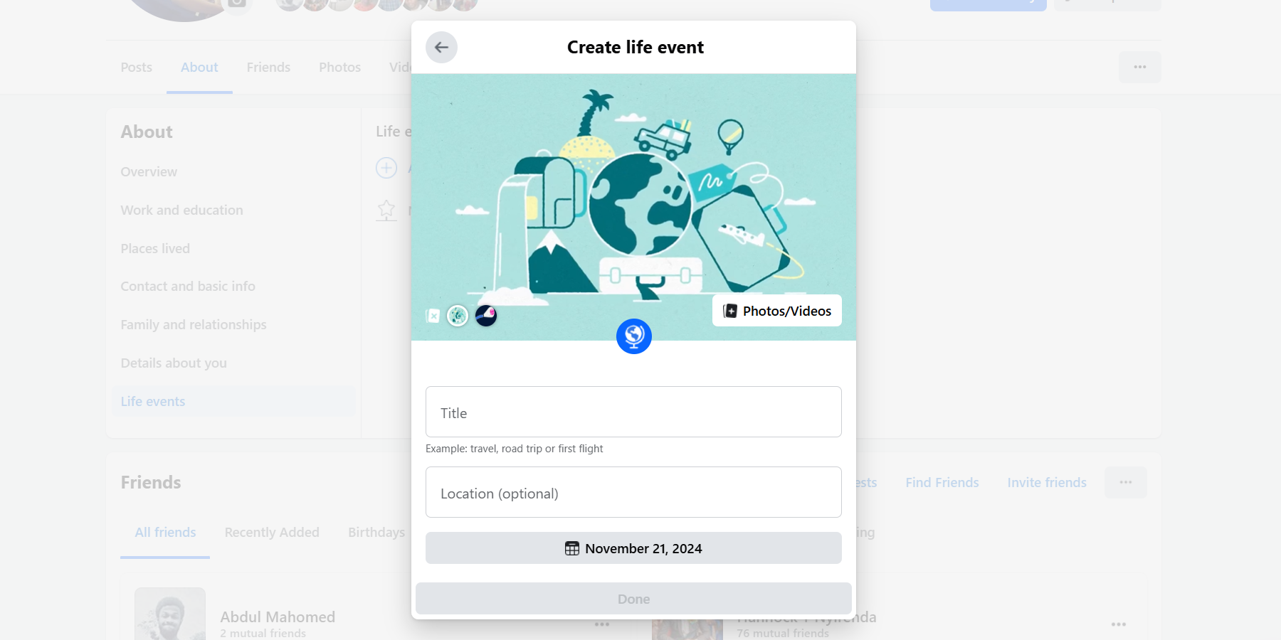 Creating a travel life event on Facebook.