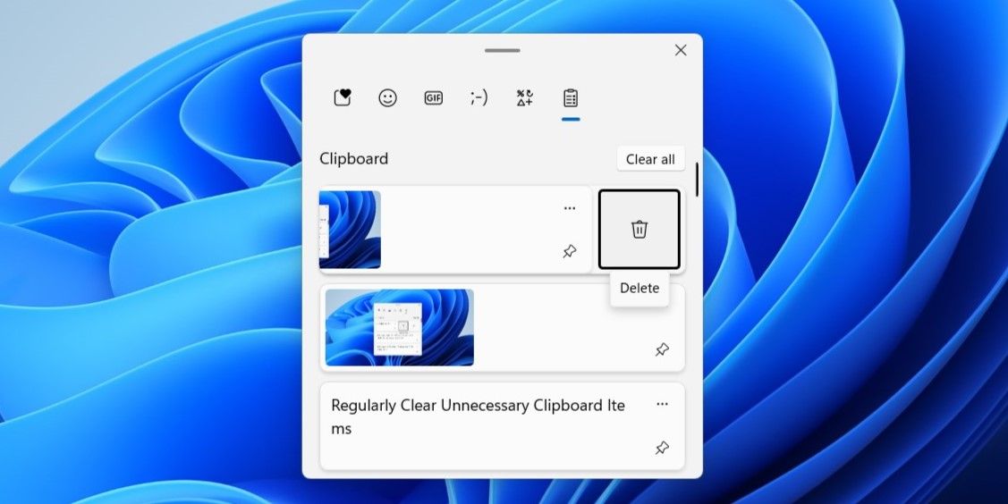 Delete items option highlighted in Windows clipboard app