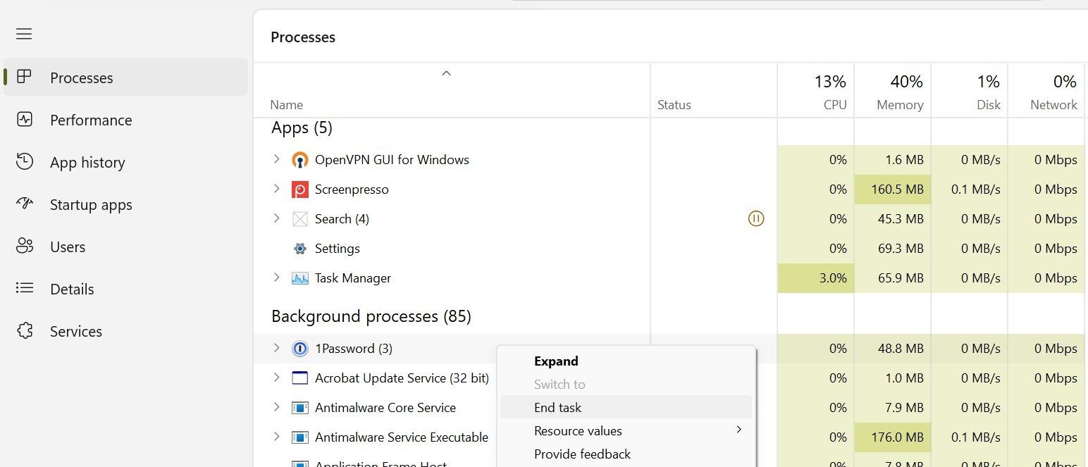 Disabling a background process in Windows Task Manager.