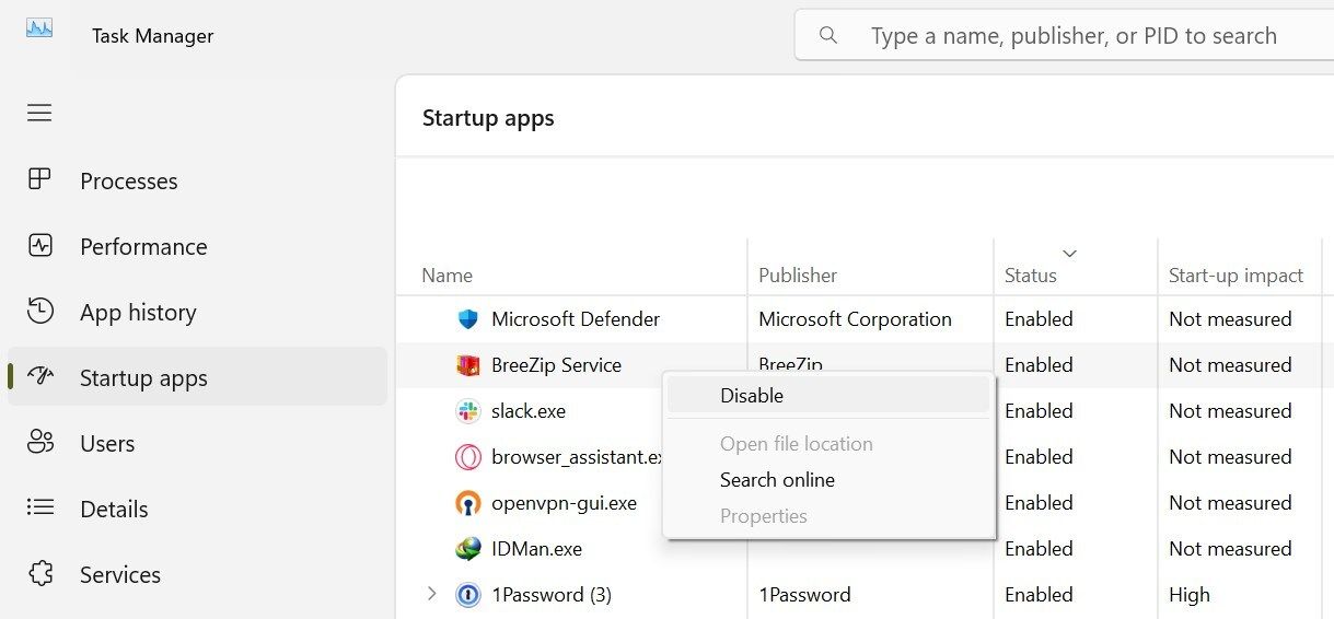 Disabling a startup app in the Windows Task Manager.