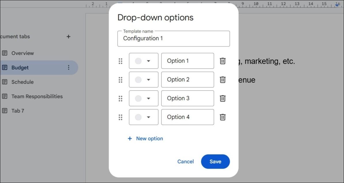 Drop-down options in Google Docs