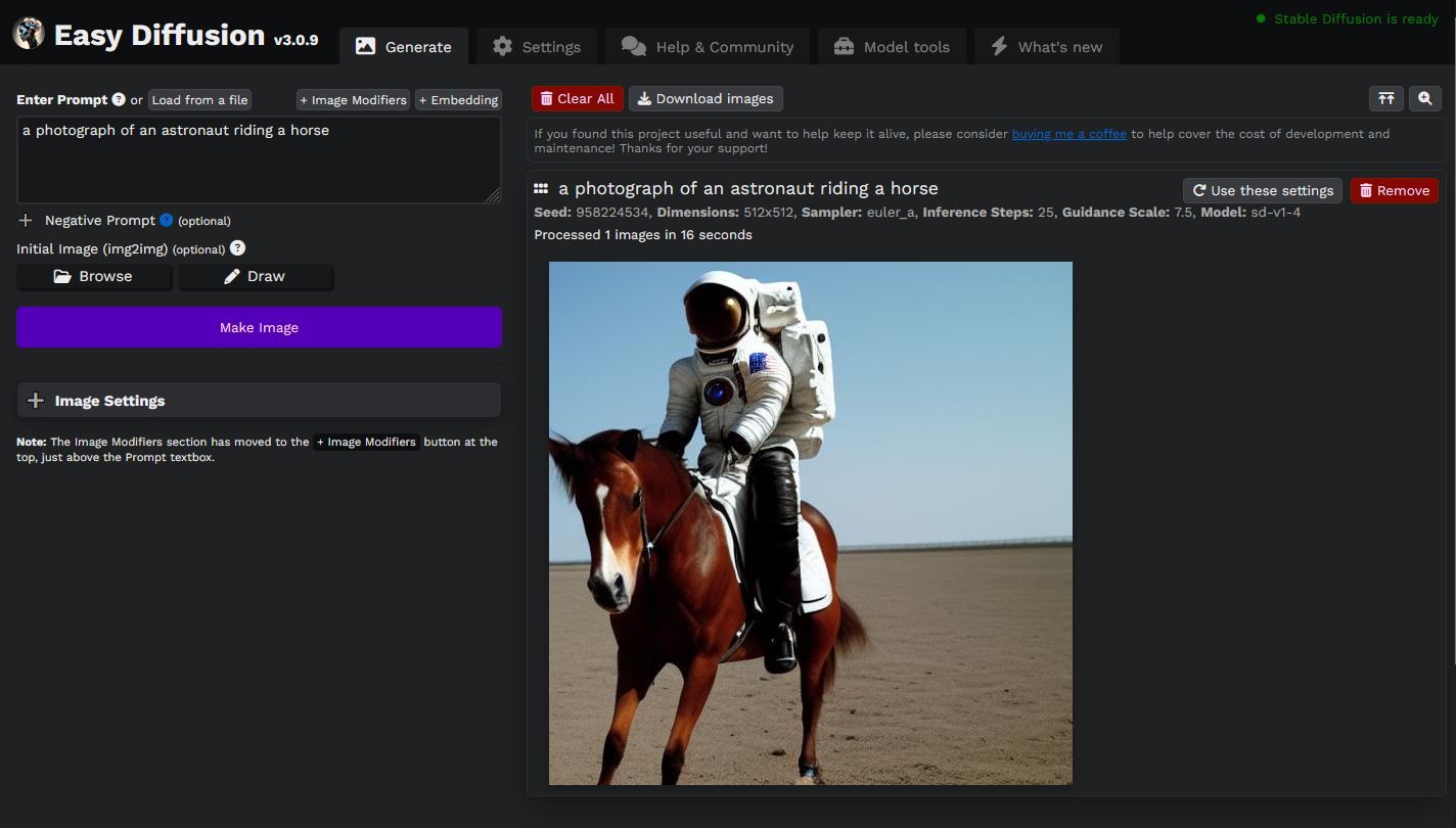 Easy Diffusion browser showing an astronaut riding a horse