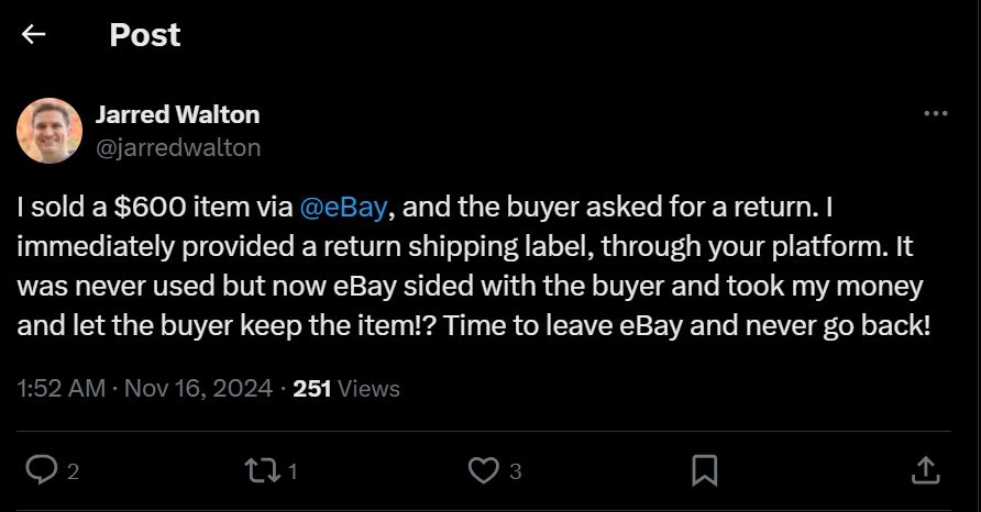 پست کلاهبرداری بازپرداخت ebay در توییتر