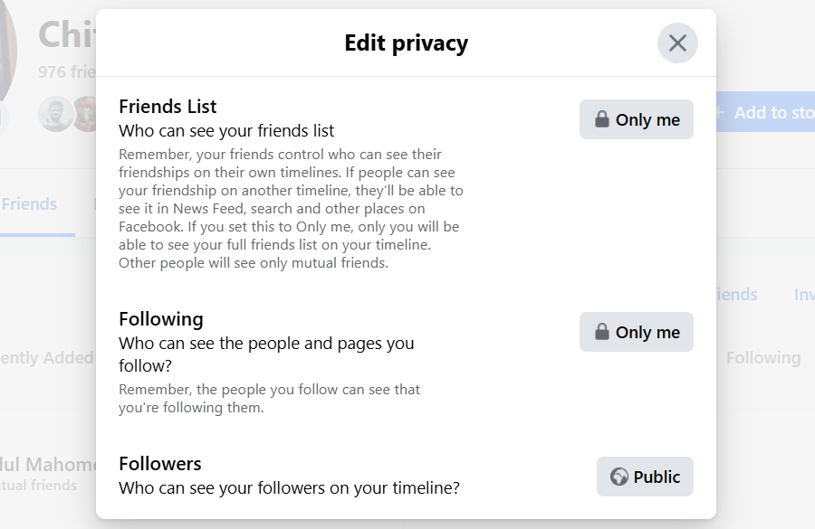 Privacy settings on Facebook for Friend List, Following, and Followers.