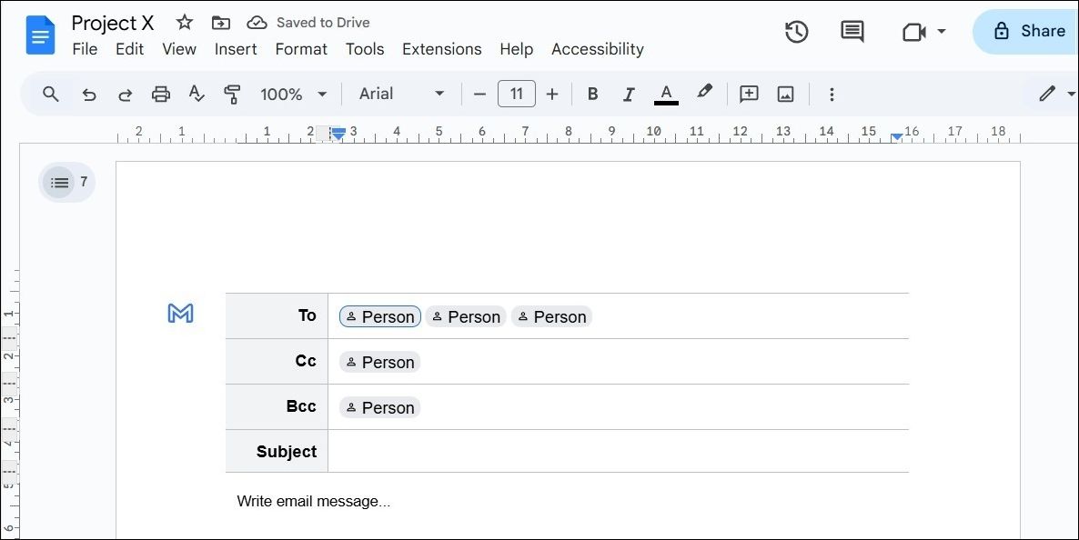 Email draft in Google Docs document