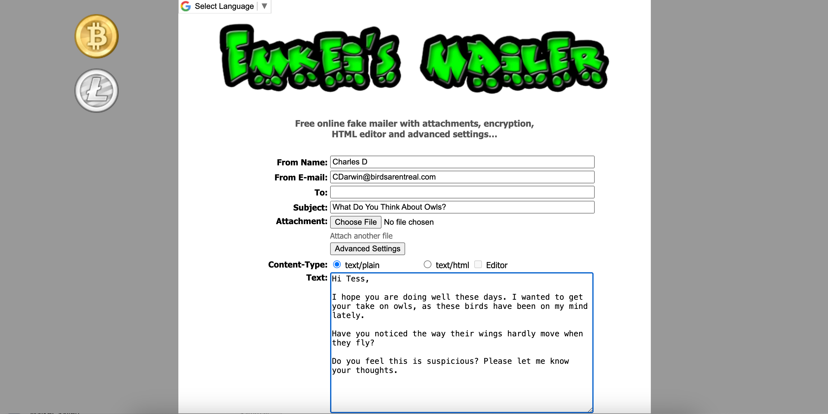 Emkei's Mailer home page with a prank email written out