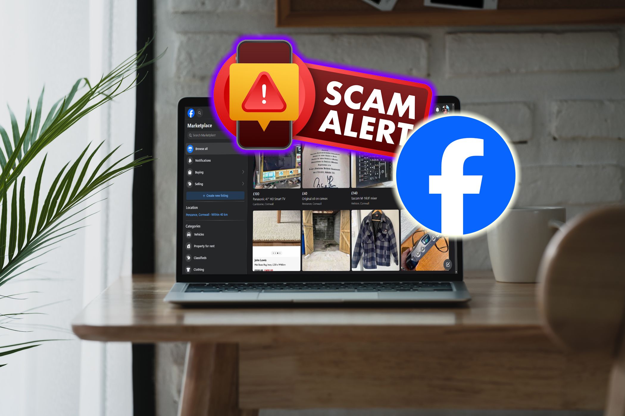 facebook marketplace scam alert sign with logo