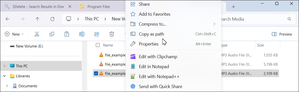 File Explorer context menu Copy as Path highlighted