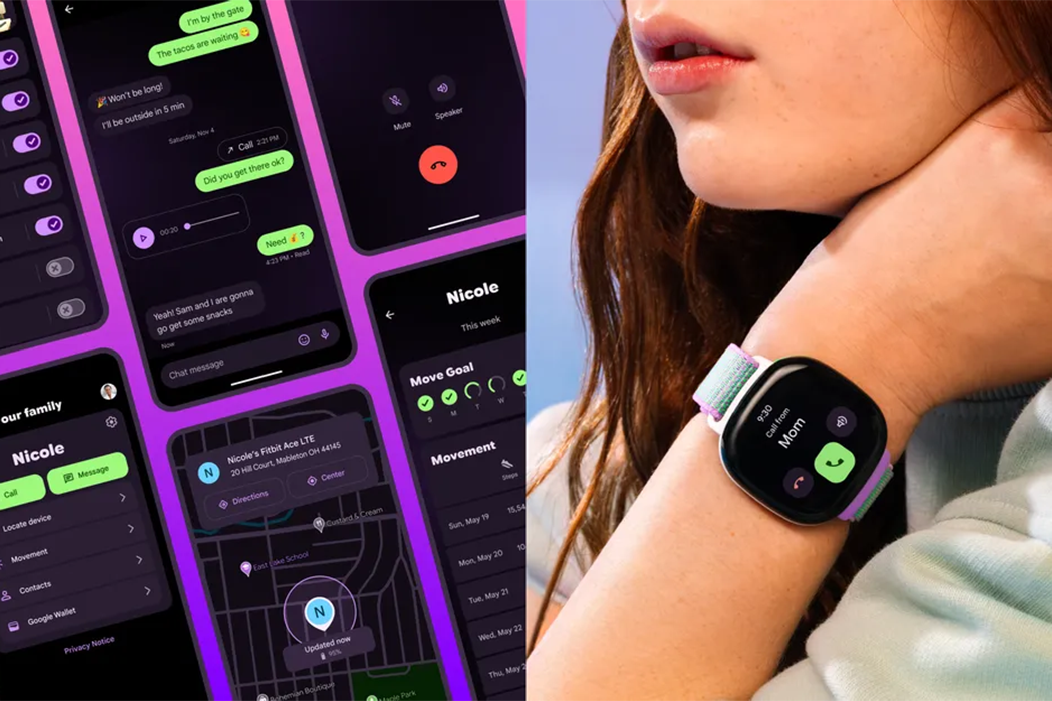 A girl wears a Fitbit Ace LTE kids smartwatch, and some features like location tracking are highlighted