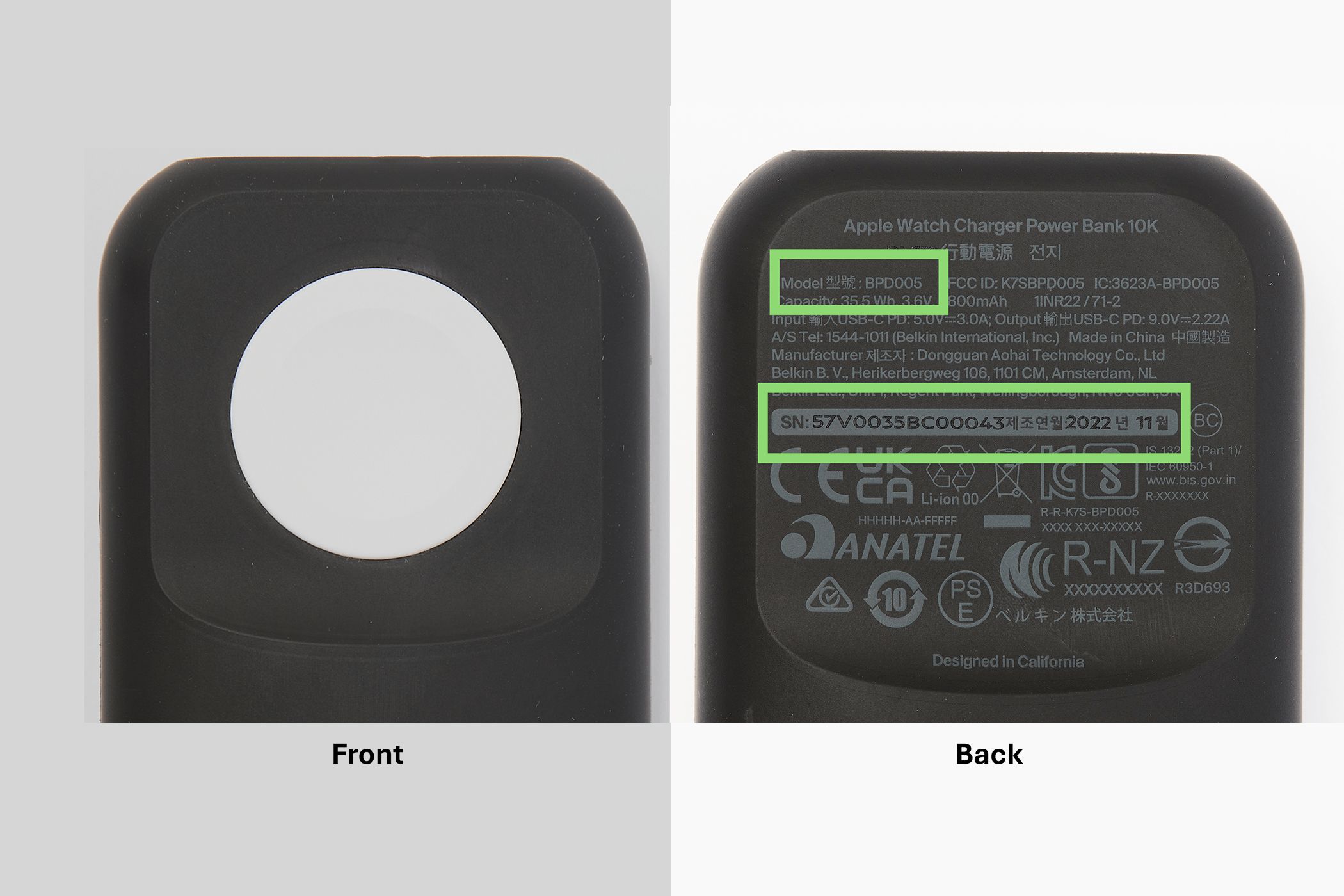 Front and Back Views of Belkin BoostCharge Pro Fast Wireless Charger for Apple Watch + Power Bank 10K-1