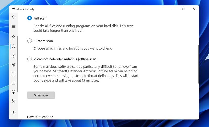 Full Scan Option Selected in Windows Security App