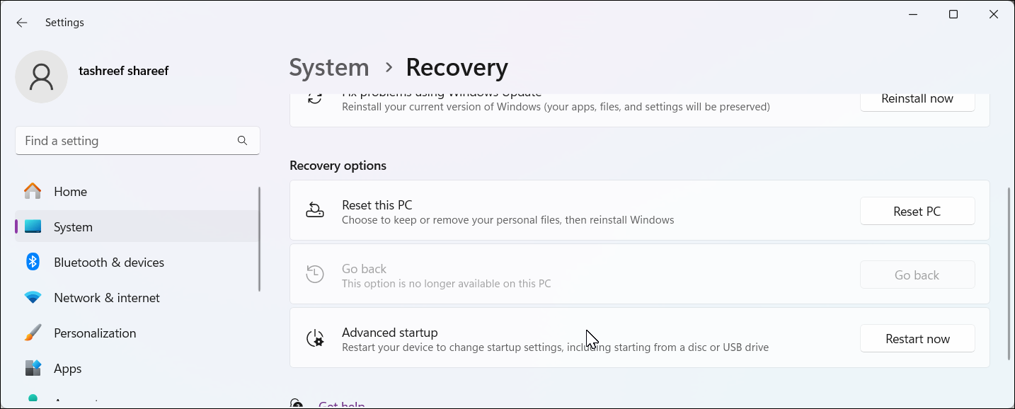 Go back option in the Windows 11 Settings app