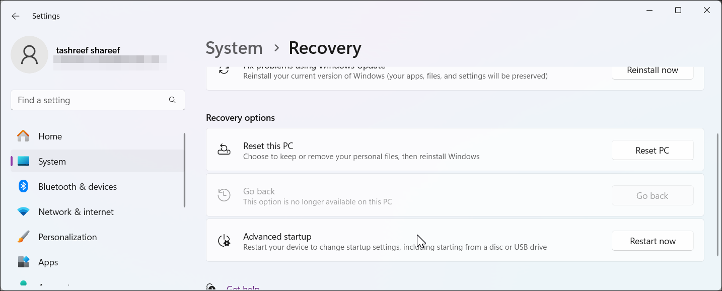Go back option in the Windows 11 Settings app