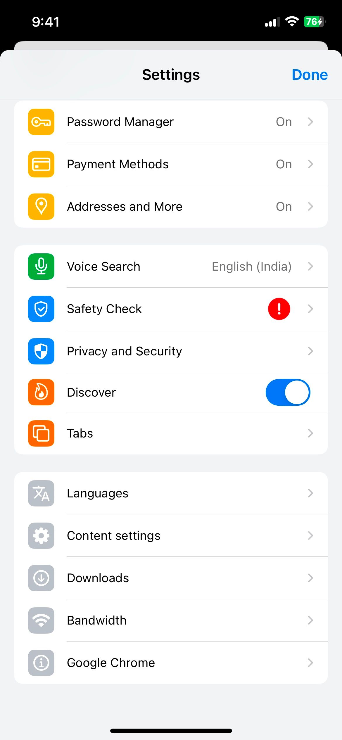 Google Chrome Settings Menu Showing Discover Option