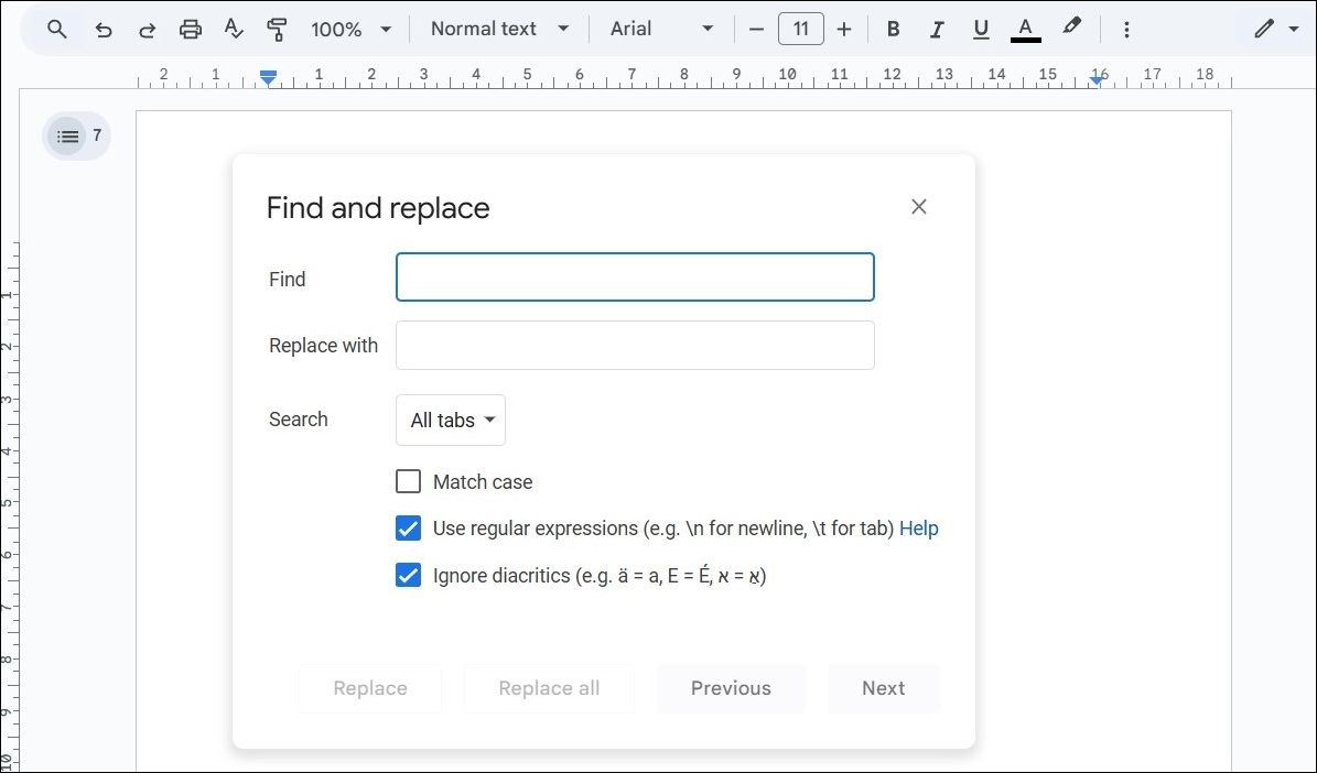 Google Docs find and replace dialog box