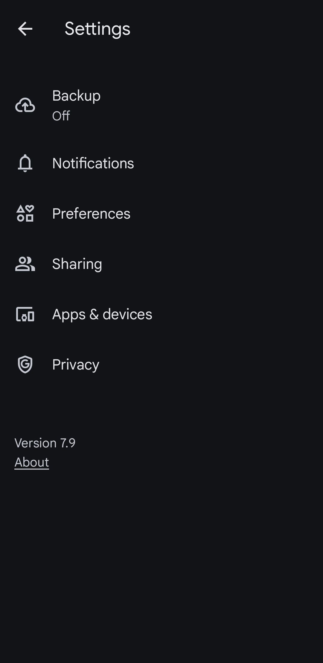 Google Photos Settings Menu on Android