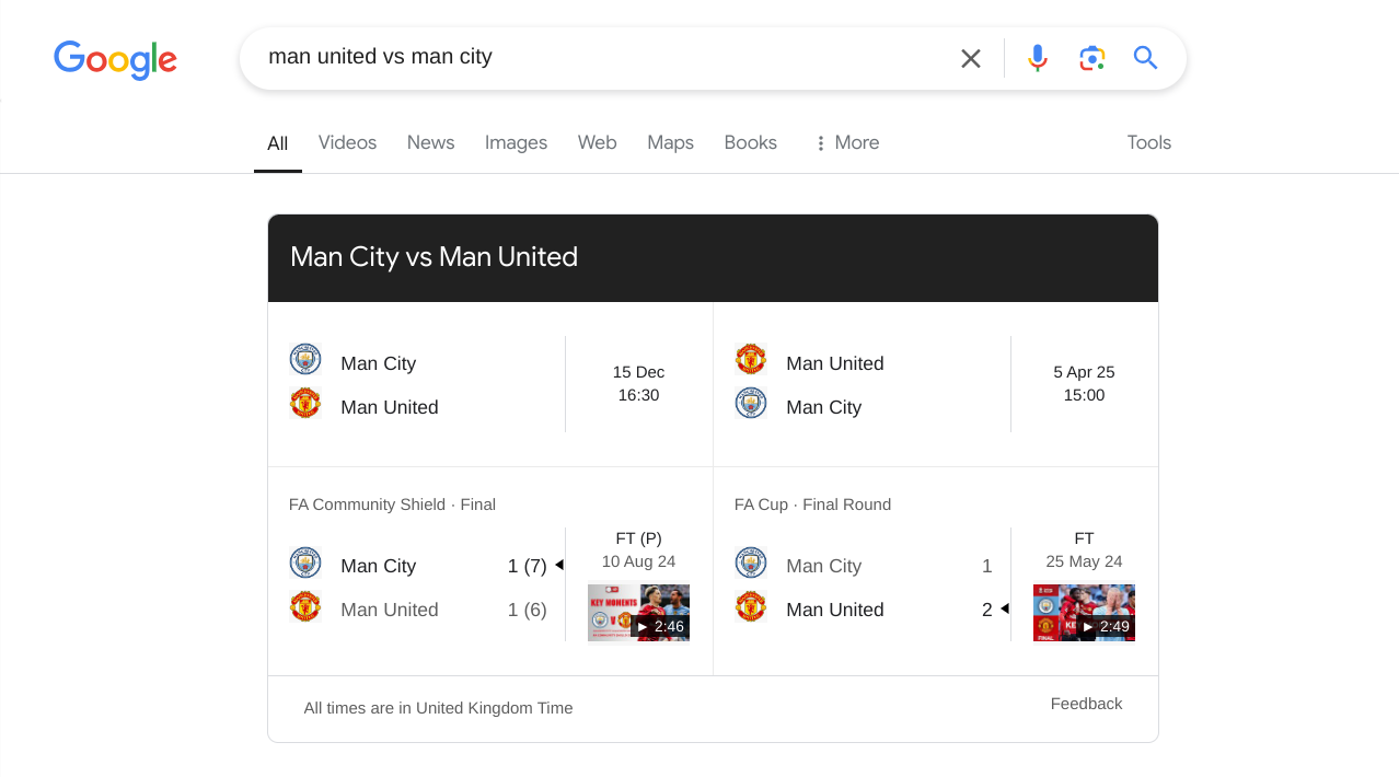 Google Search's sports results widget in action