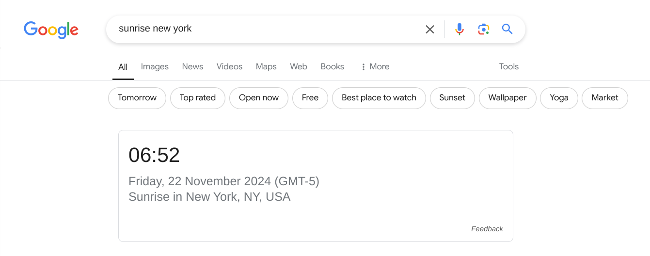 Google Search's sunrise widget in action