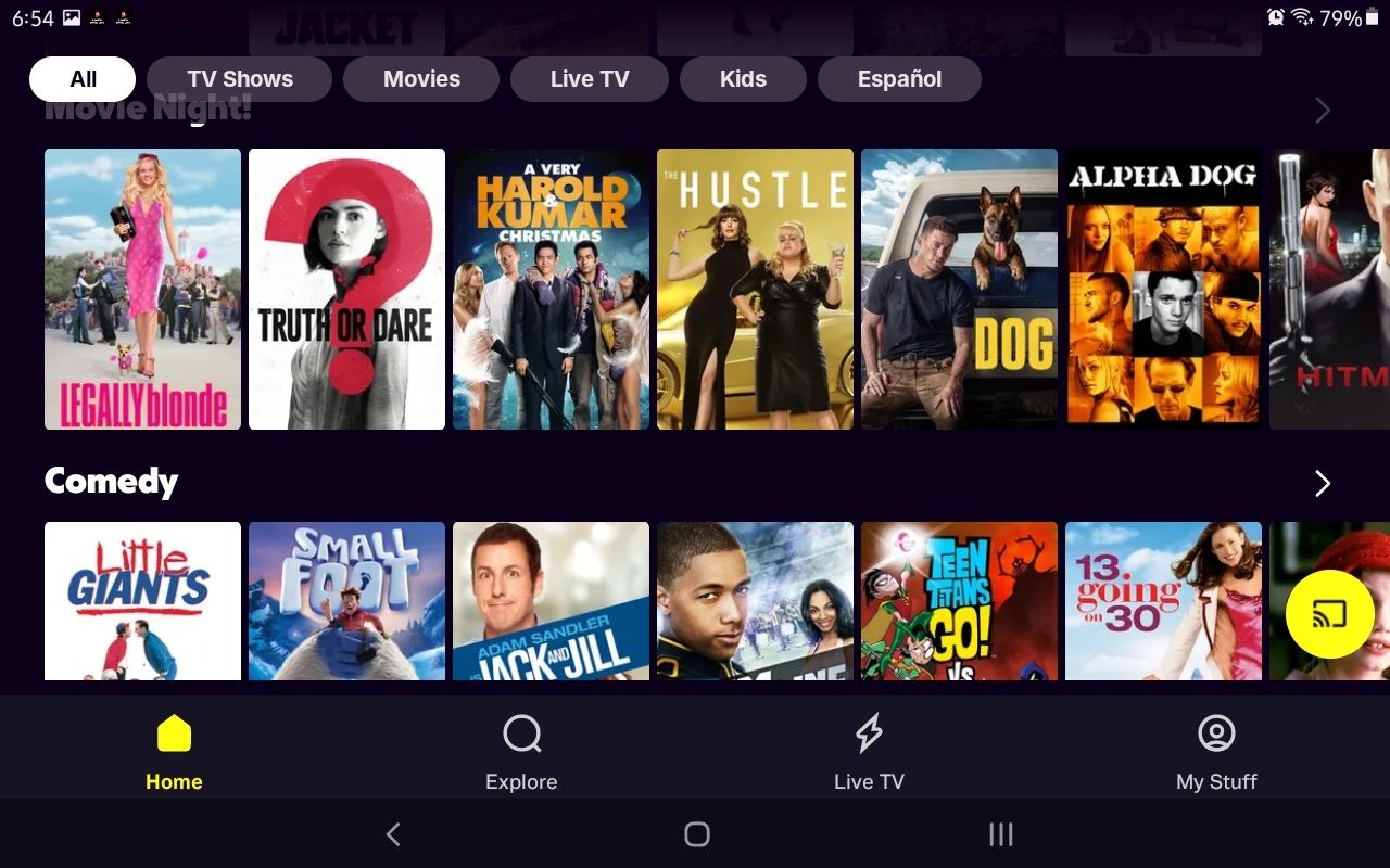 home menu of tubi tv with a selection of movies, shows, and live channels