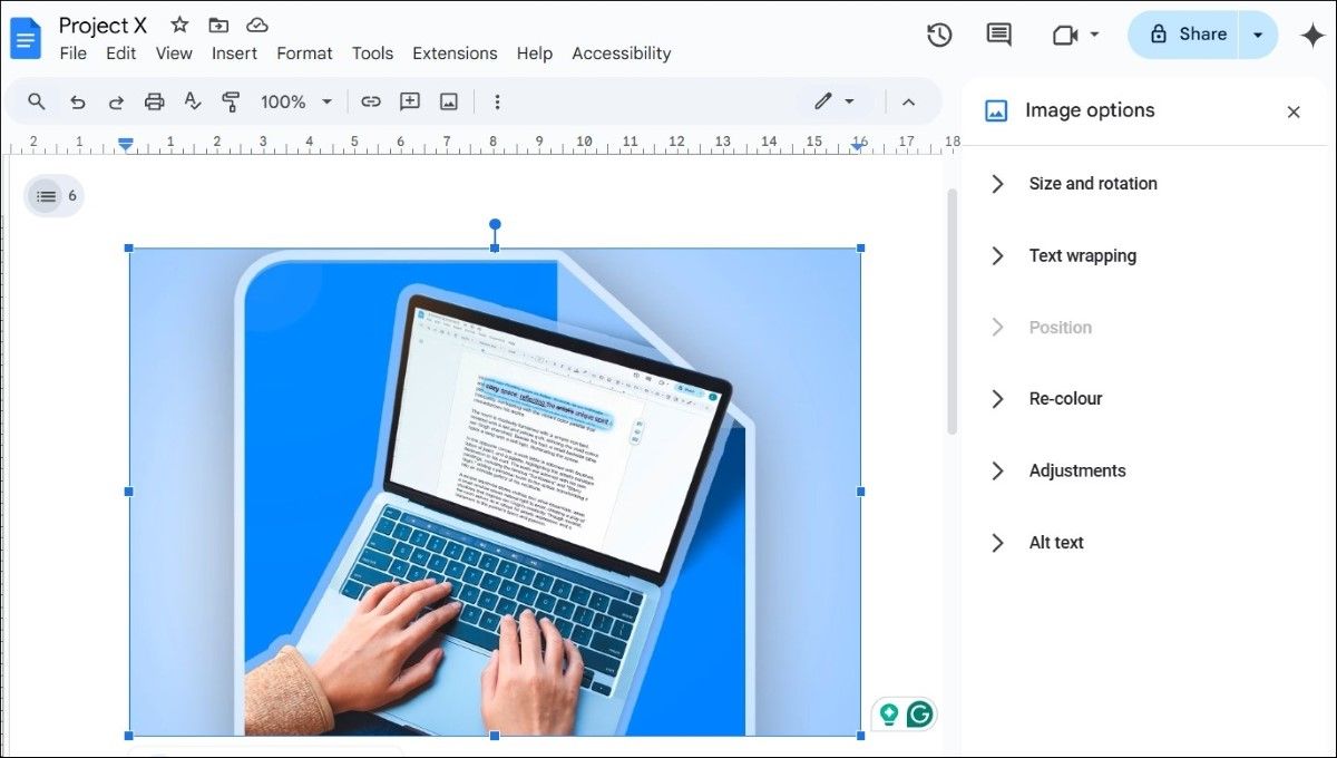 گزینه های ویرایش تصویر در Google Docs