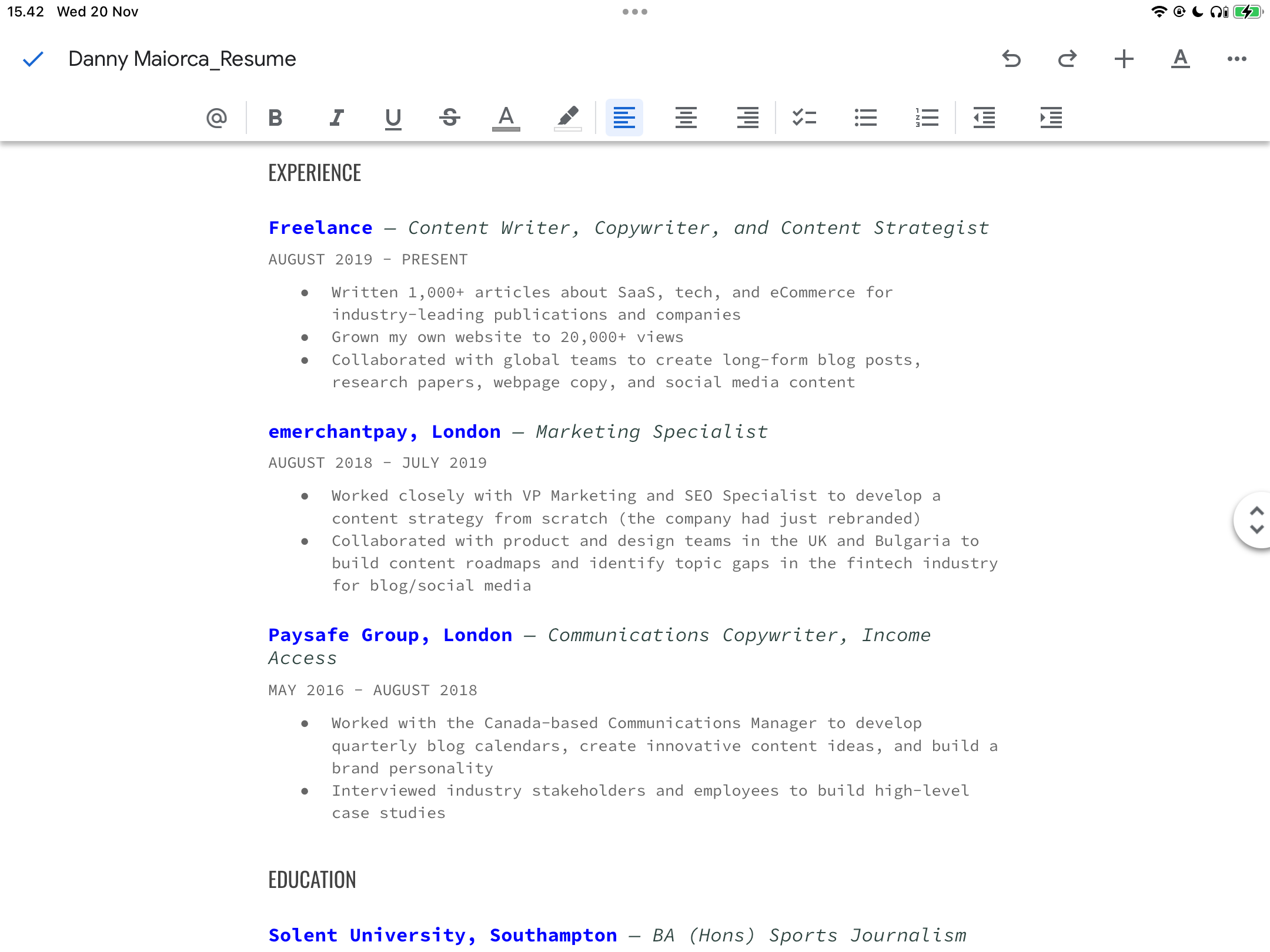 Editing a resume in Google Docs on an iPad