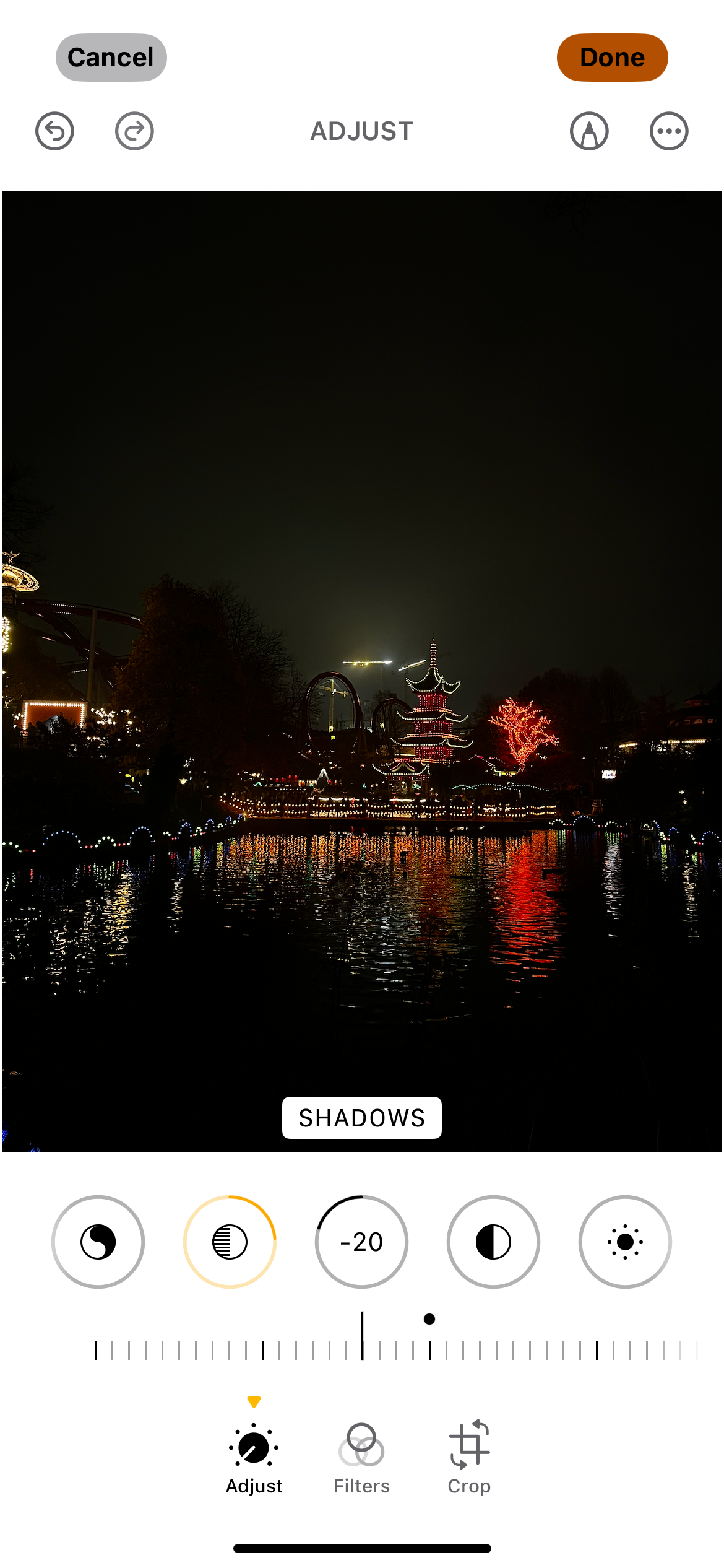 Editing the shadows in a nighttime photo taken on a smartphone