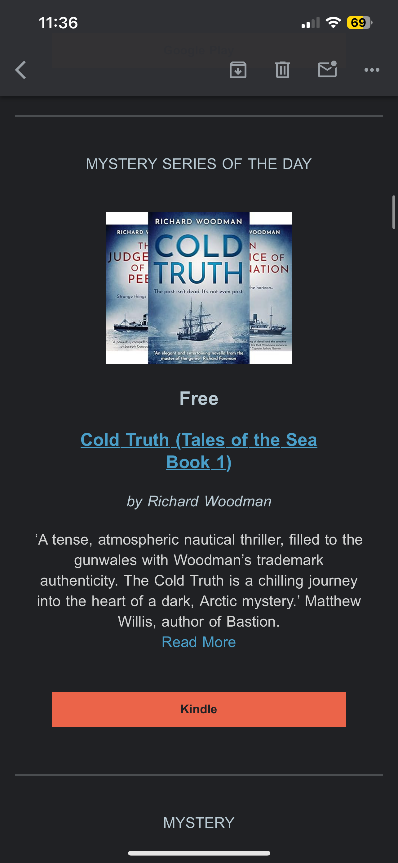 Freebooksy email newsletter featuring Cold Truth by Richard Woodman