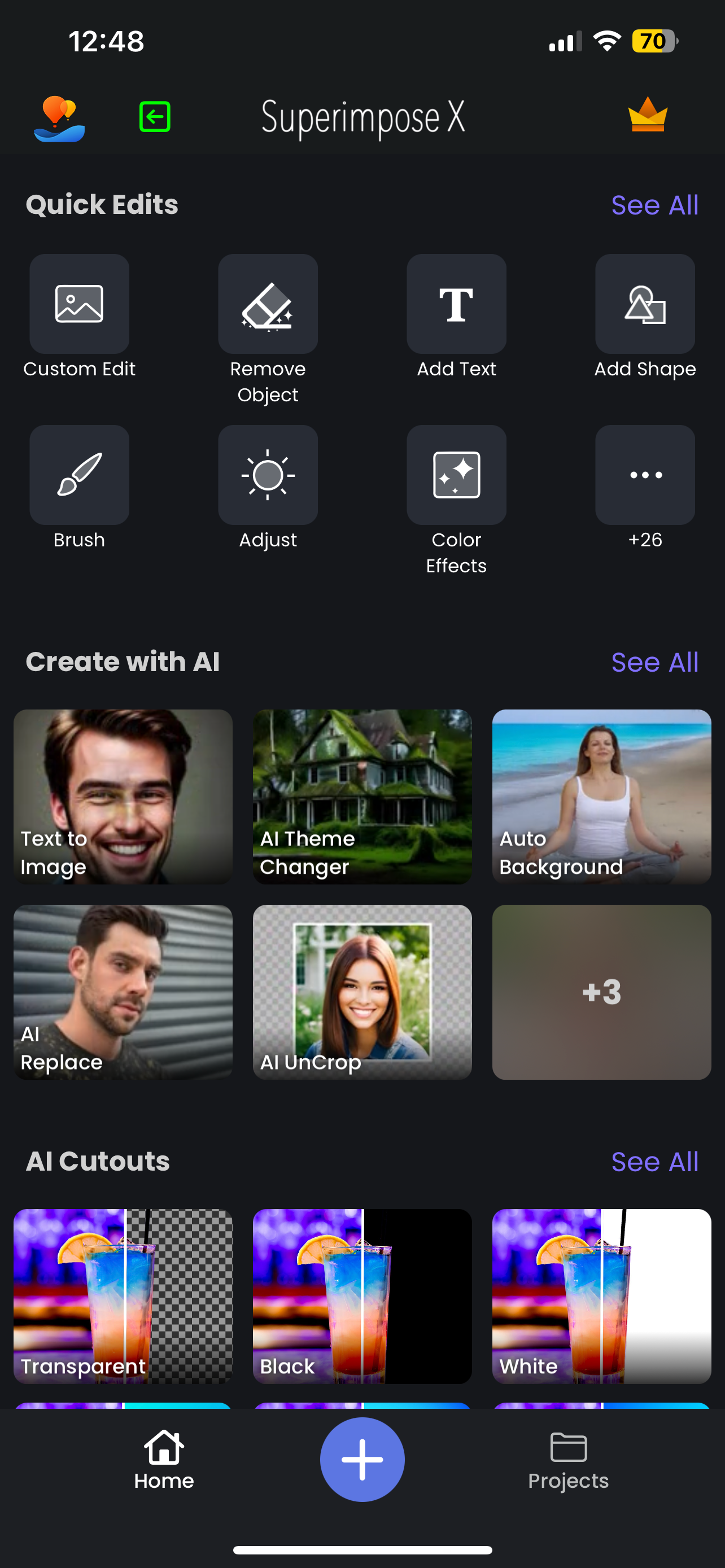 Superimpose X home screen including AI effects, AI cutouts, and quick edits 