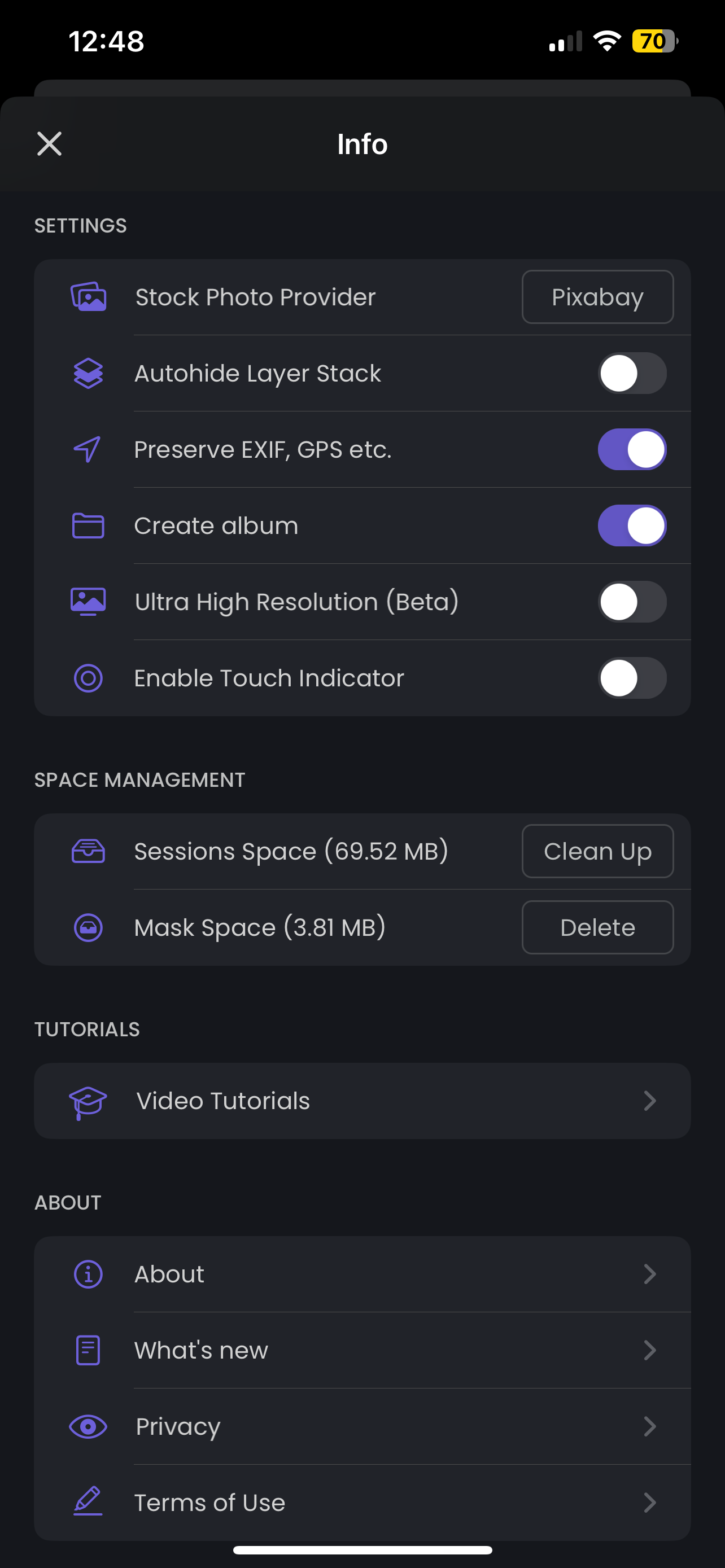 Settings on Superimpose X including creating albums and amount of session and mask space taken up