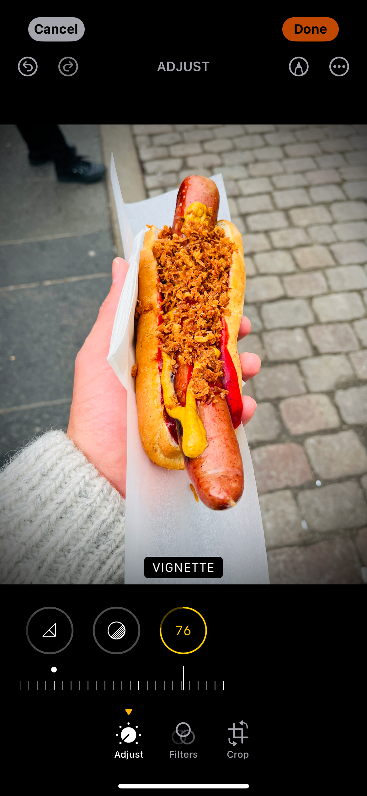 Adding significant vignette to a photo of a hot dog