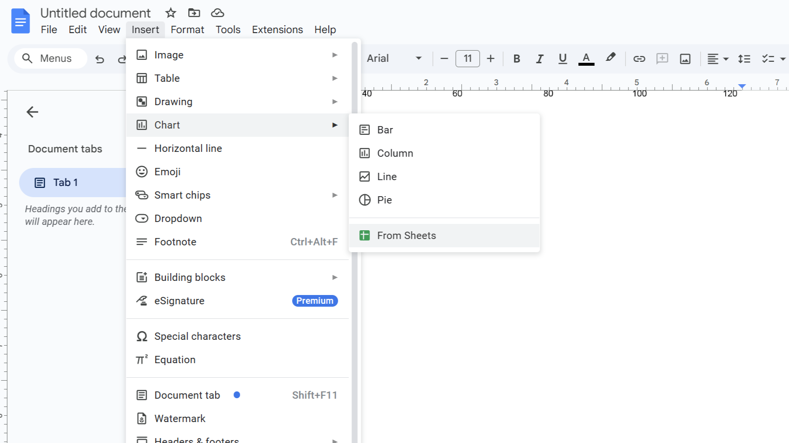 Import chart option highlighted in chart sub-menu in Google Docs