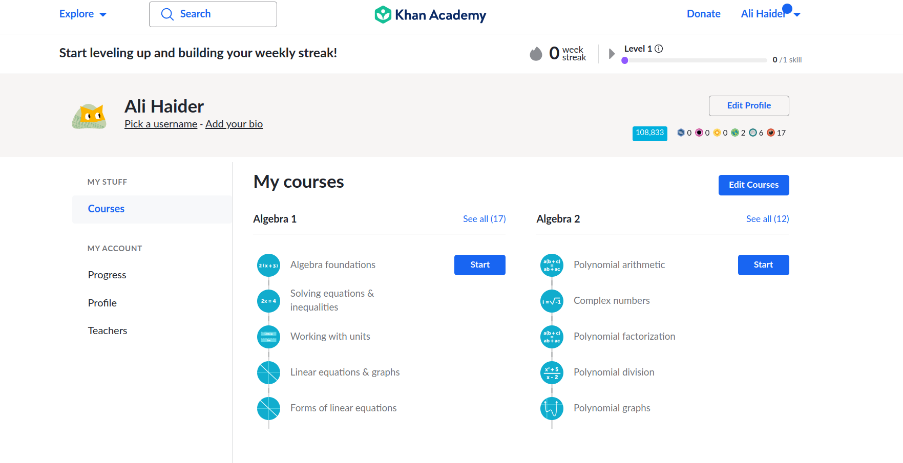 khan academy website homepage showing different courses