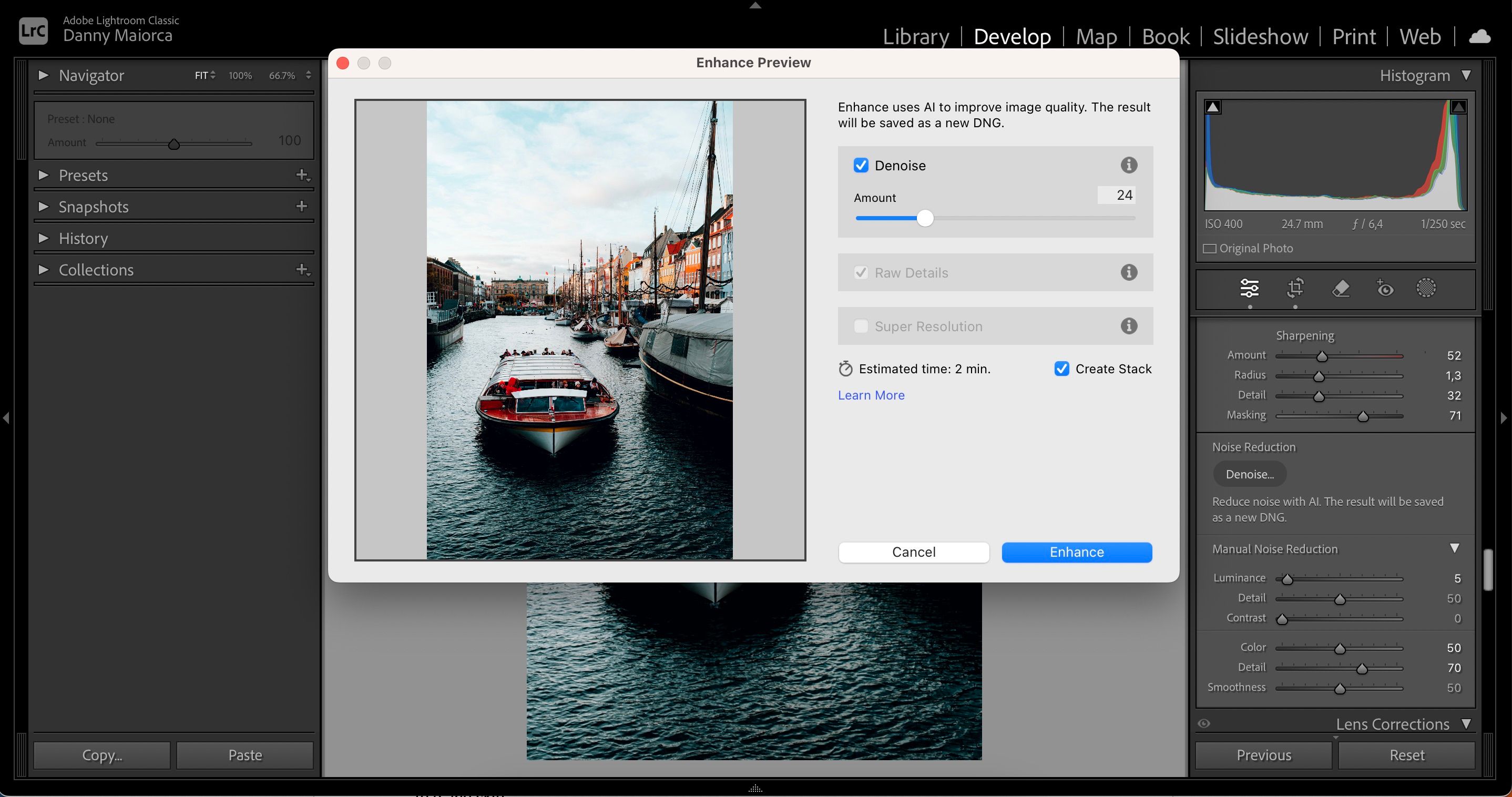 Using the AI Denoise tool in Adobe Lightroom