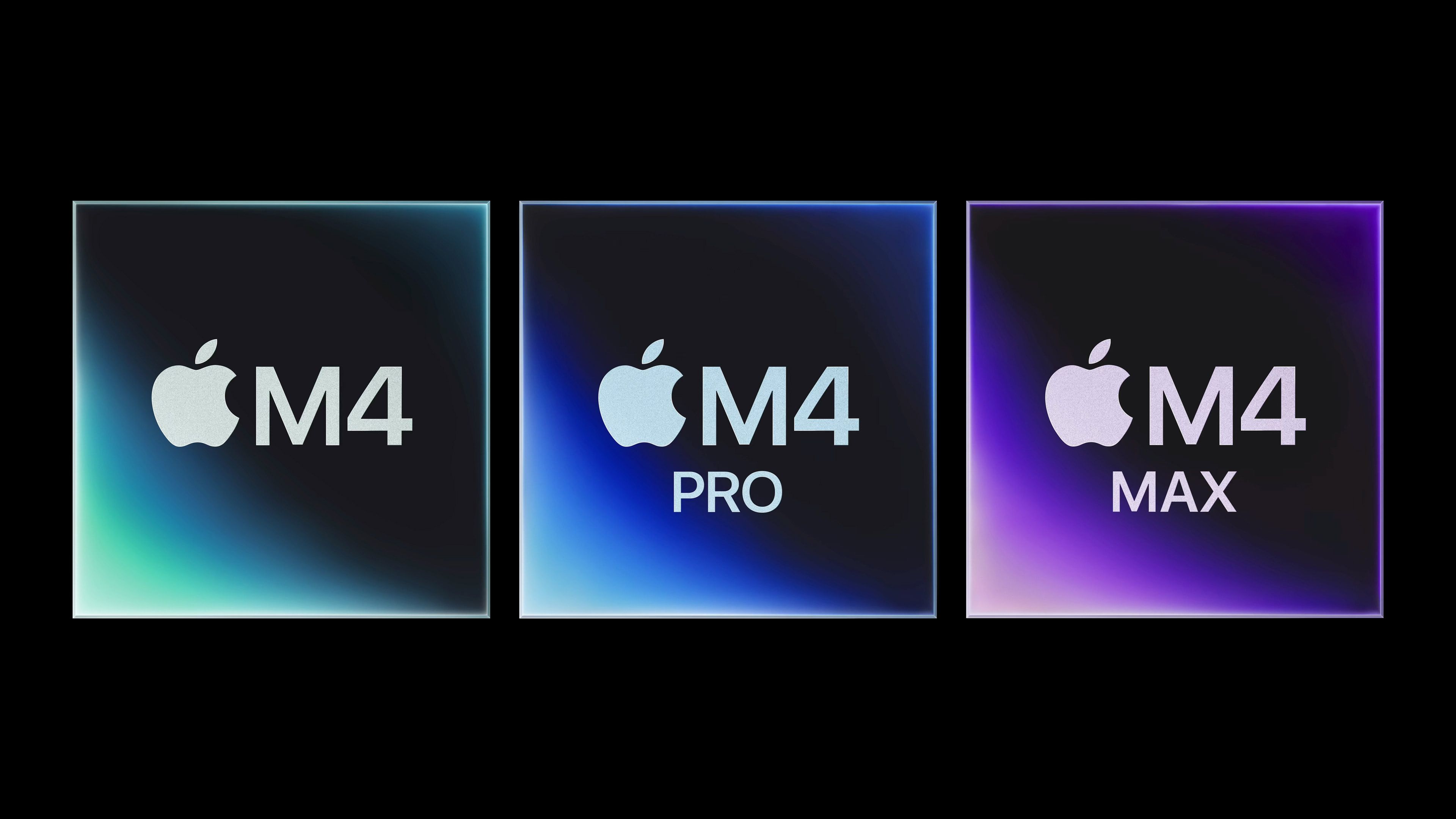 M4, M4 Pro, and M4 Max chips side by side