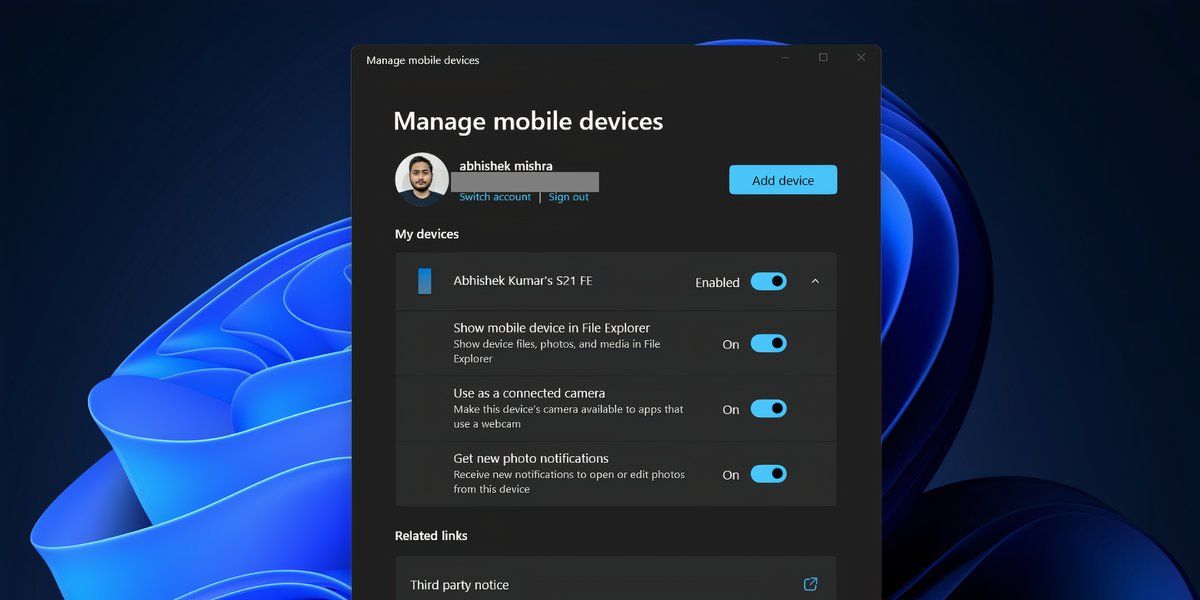 The manage mobile device page showing connected Android phone in Windows 11 settings