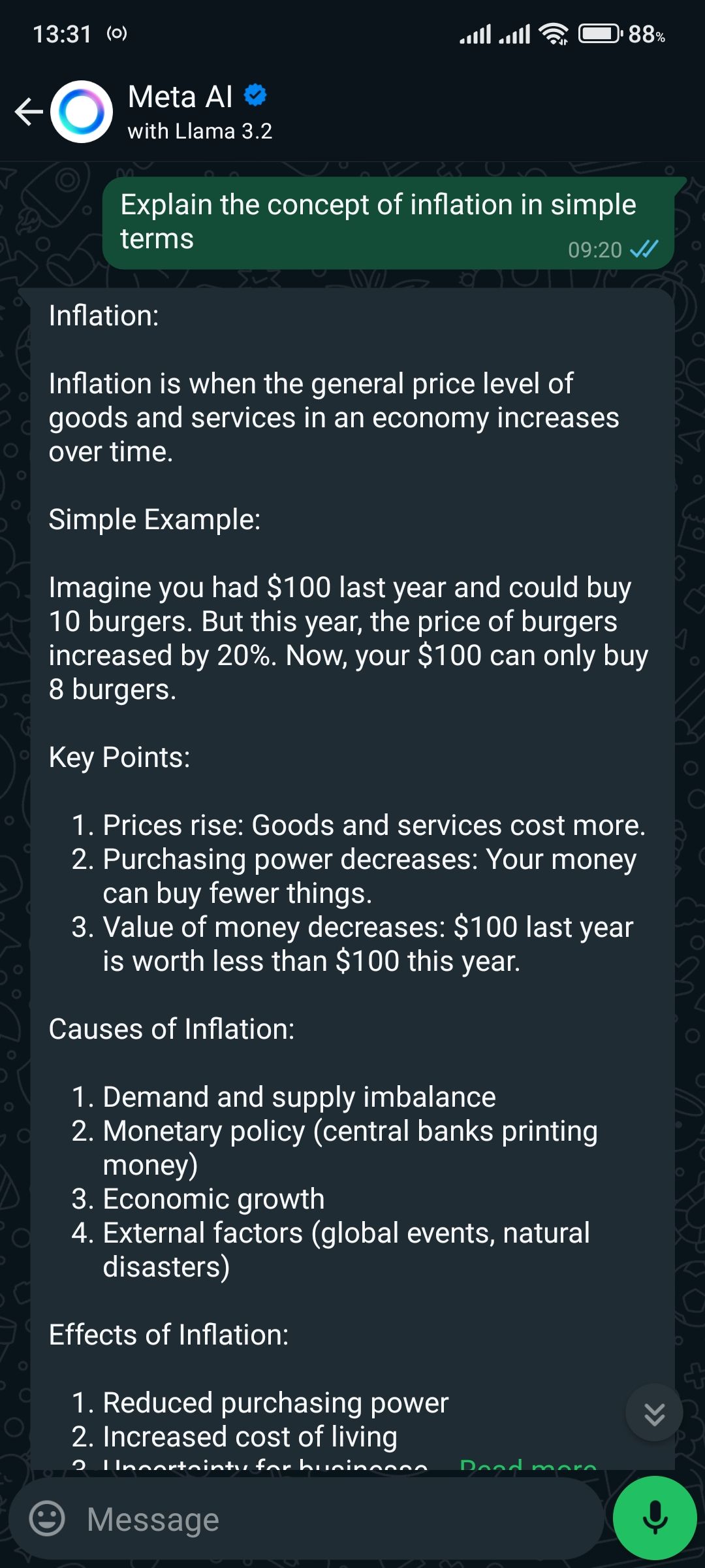 هوش مصنوعی متا در واتس اپ در پاسخ به سوالی در مورد تورم