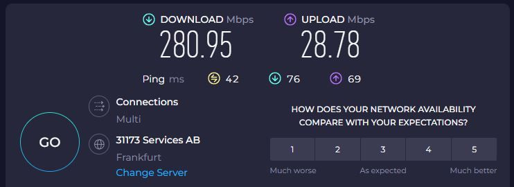 Screenshot of a speed test window demonstrating Mullvad VPN's download speed