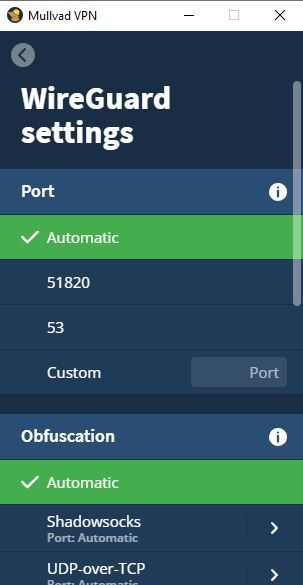 Screenshot of MullvadVPN's individual Wireguard protocol settings