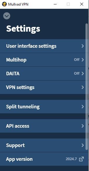 Screenshot showing a variety of Mullvad VPN's settings